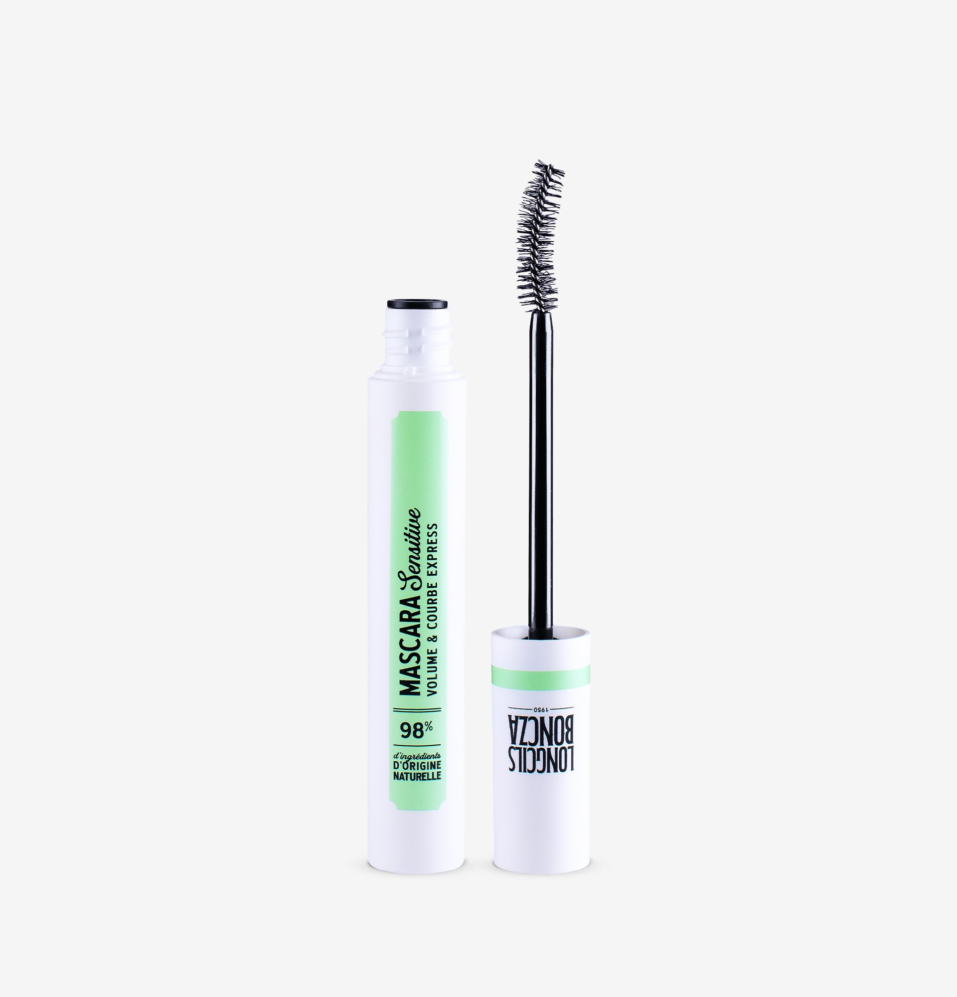 Mascara Sensitive Longcils Boncza haute tolérance en tube noir avec brosse incurvée, référence 225000FA