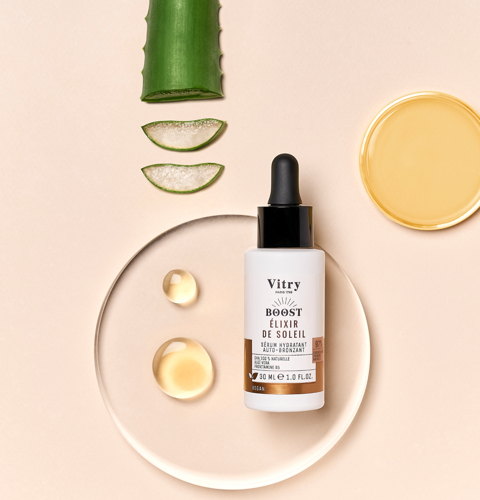 Ingrédient de l'Elixir de Soleil Sérum Hydratant Auto-bronzant, composé de DHA naturelle, Aloé Vera et Provitamine B5. Réf. ELISOL